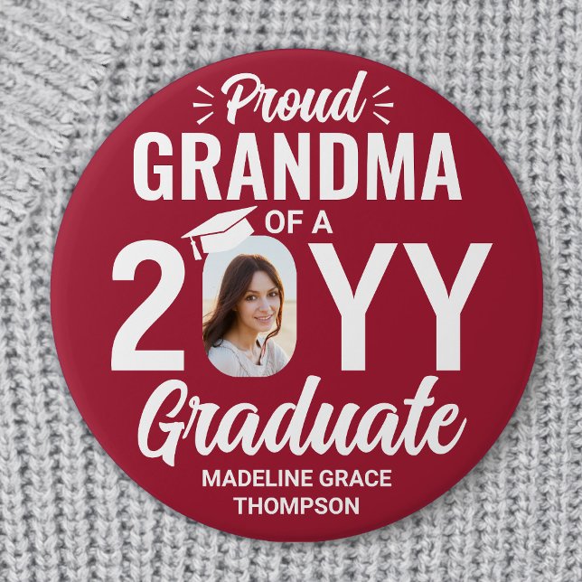Graduate Photo Proud Grandma Modern Red and White Button (Creator Uploaded)