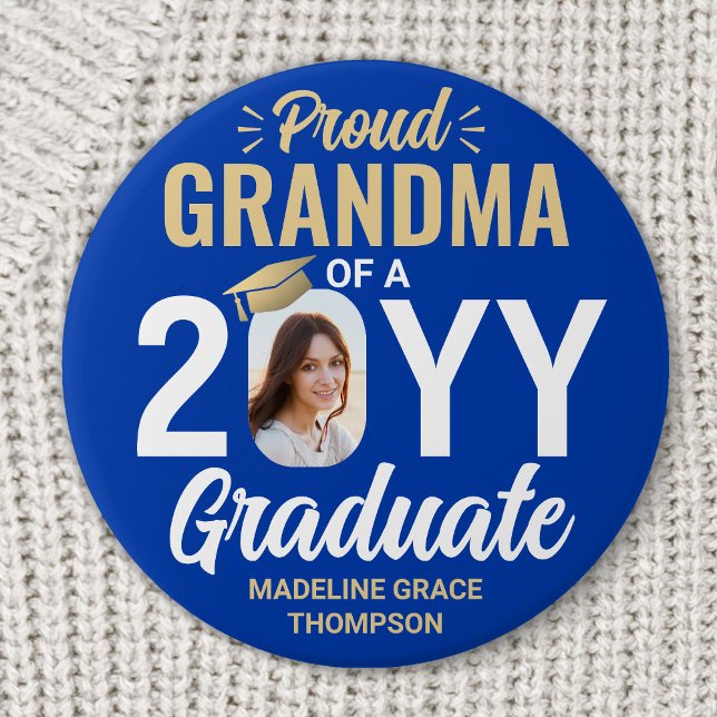 Graduate Photo Proud Grandma Royal Blue and Gold Button (Creator Uploaded)