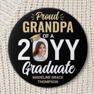 Graduate Photo Proud Grandpa Elegant Black & Gold Button