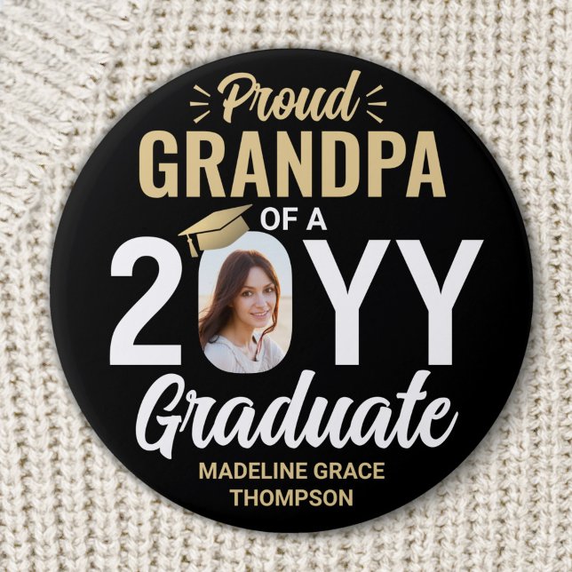 Graduate Photo Proud Grandpa Elegant Black & Gold Button (Creator Uploaded)
