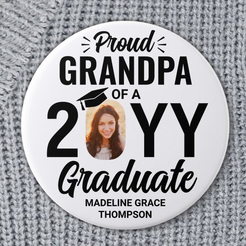 Graduate Photo Proud Grandpa Modern Black  White Button