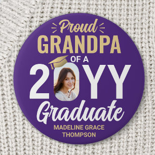 Graduate Photo Proud Grandpa Modern Purple & Gold Button