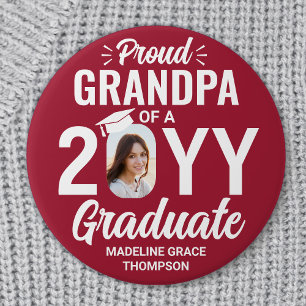 Graduate Photo Proud Grandpa Modern Red and White Button