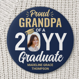 Graduate Photo Proud Grandpa Navy Blue and Gold Button