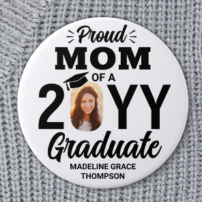 Graduate Photo Proud Mom Modern Black and White Button