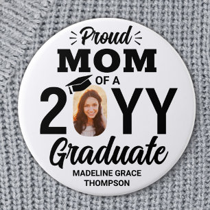 Graduate Photo Proud Mom Modern Black and White Button