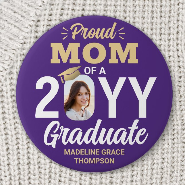 Graduate Photo Proud Mom Modern Purple and Gold Button (Creator Uploaded)