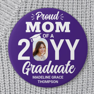 Graduate Photo Proud Mom Modern Purple and White Button