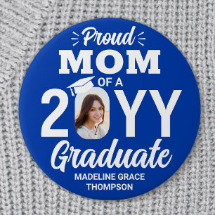 Graduate Photo Proud Mom Modern Royal Blue & White Button