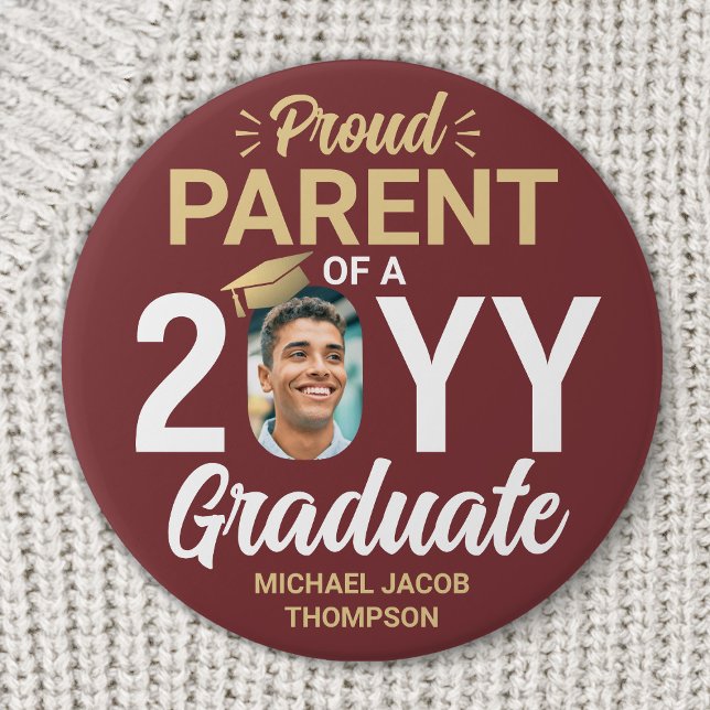Graduate Photo Proud Parent Burgundy Red and Gold Button (Creator Uploaded)