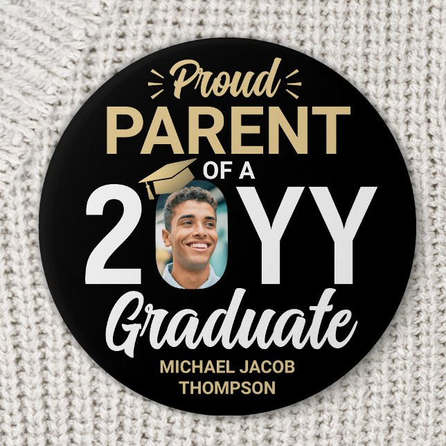 Graduate Photo Proud Parent Elegant Black and Gold Button (Creator Uploaded)