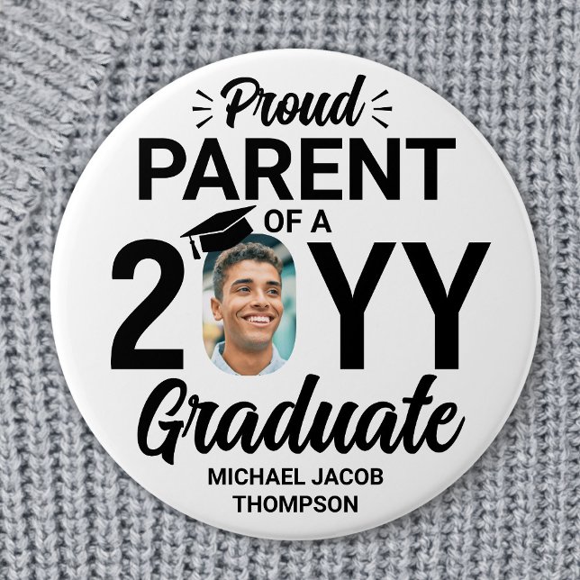 Graduate Photo Proud Parent Modern Black and White Button (Creator Uploaded)