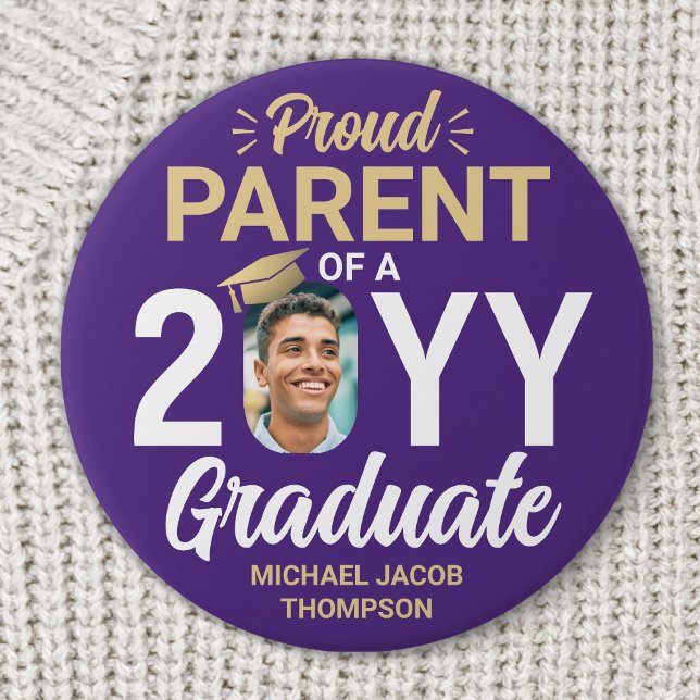 Graduate Photo Proud Parent Modern Purple & Gold Button (Creator Uploaded)