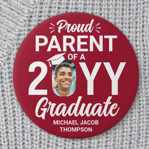 Graduate Photo Proud Parent Modern Red and White Button