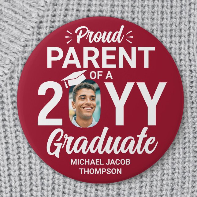 Graduate Photo Proud Parent Modern Red and White Button (Creator Uploaded)