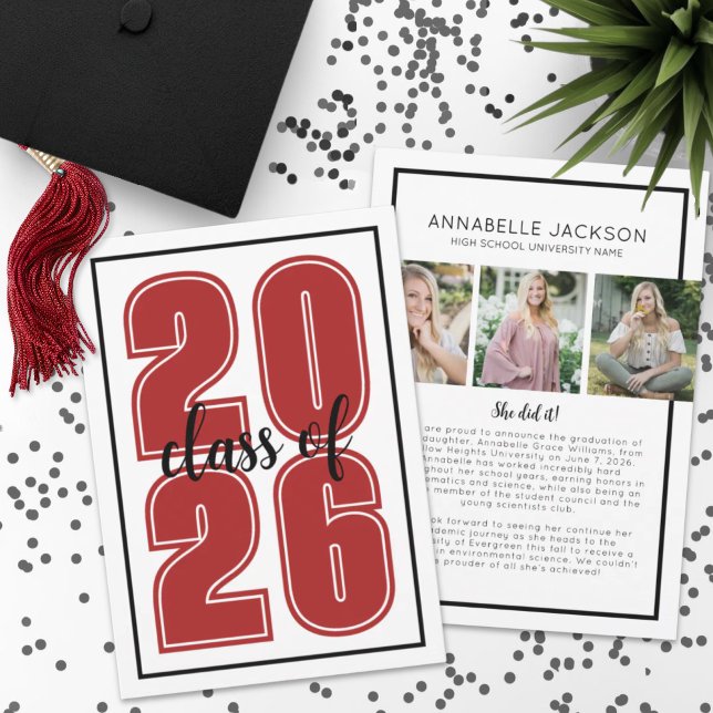 Graduate Photo Red Graduation Announcement (Simple Script Graduate Photo Red Graduation Announcement)