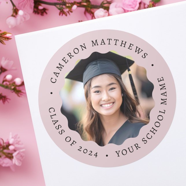 Graduate photo rose taupe wavy border graduation classic round sticker (Graduate photo rose taupe wavy border graduation classic round sticker)