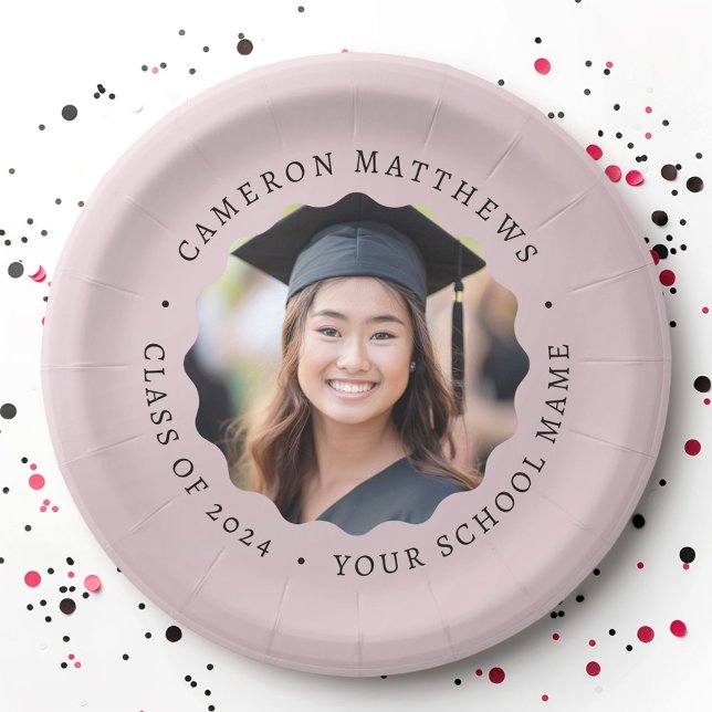 Graduate photo rose taupe wavy border graduation paper plates (Graduate photo rose taupe wavy border graduation paper plates)