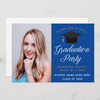 Graduate Photo Royal Blue Gold Graduation Party Invitation | Zazzle