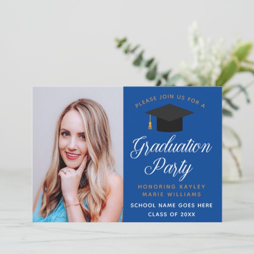 Graduate Photo Royal Blue Gold Graduation Party Invitation | Zazzle