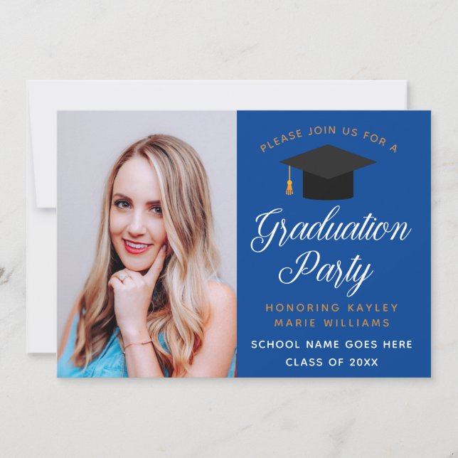 Graduate Photo Royal Blue Gold Graduation Party Invitation (Front)