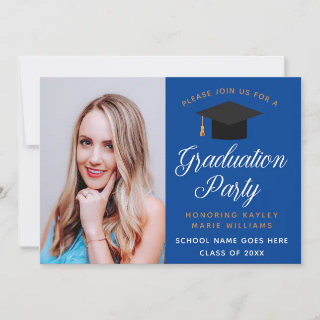 Graduate Photo Royal Blue Gold Graduation Party Invitation Zazzle 5732