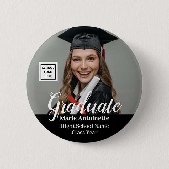 Graduate Photo School Logo Modern Graduation Button (Front)