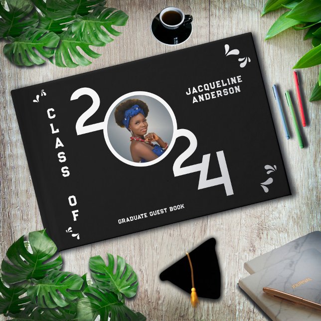 Graduate Photo Senior Class Year Silver  Foil Guest Book (Graduate Photo Senior Class Year 2024 Silver Guest Book is a great keepsake for guest signatures. )