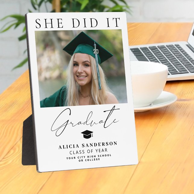 Graduate photo she did it simple chic graduation plaque (Creator Uploaded)