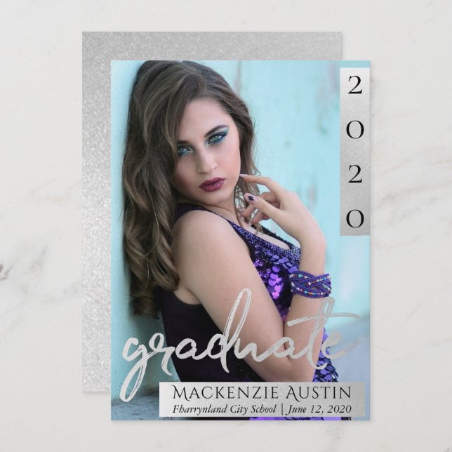 Graduate Photo | Silver Script Brush Grad Keepsake Announcement (Front/Back)
