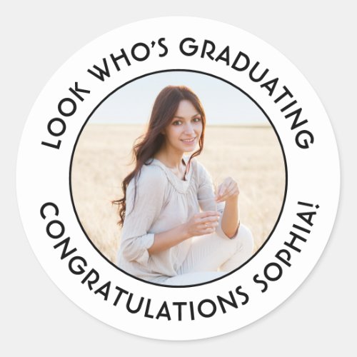 Graduate Photo Simple Black and White Graduation Classic Round Sticker