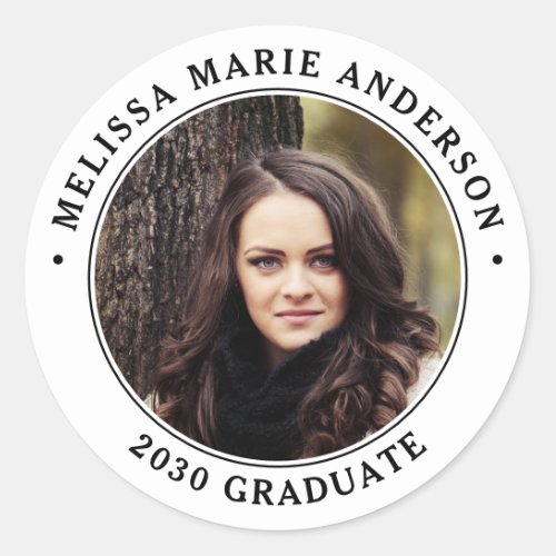 Graduate Photo Simple Graduation Classic Round Sticker - Add the finishing touch to your graduation invitations, party favors or gifts with these circle custom photo graduation stickers. Personalized these graduation stickers with your favorite photo, name and graduate year.   COPYRIGHT © 2020 Judy Burrows, Black Dog Art - All Rights Reserved. Graduate Photo Simple Graduation Classic Round Sticker 