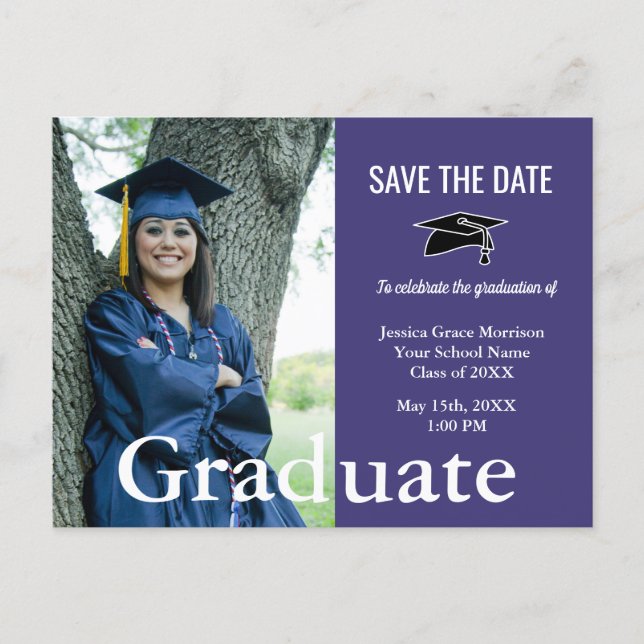 Graduate Photo Simple Purple Save Date Graduation  Announcement Postcard (Front)