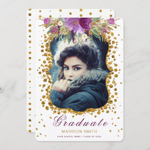 Graduate Photo Sparkle Flowers Glitter Confetti Invitation