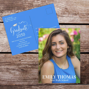 Graduate Photo Template Blue Stylish Simple Script Postcard