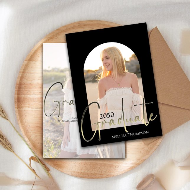 Graduate Photo Template Elegant Typography Arch (Graduation photo invitation announcement with gold calligraphy script. )