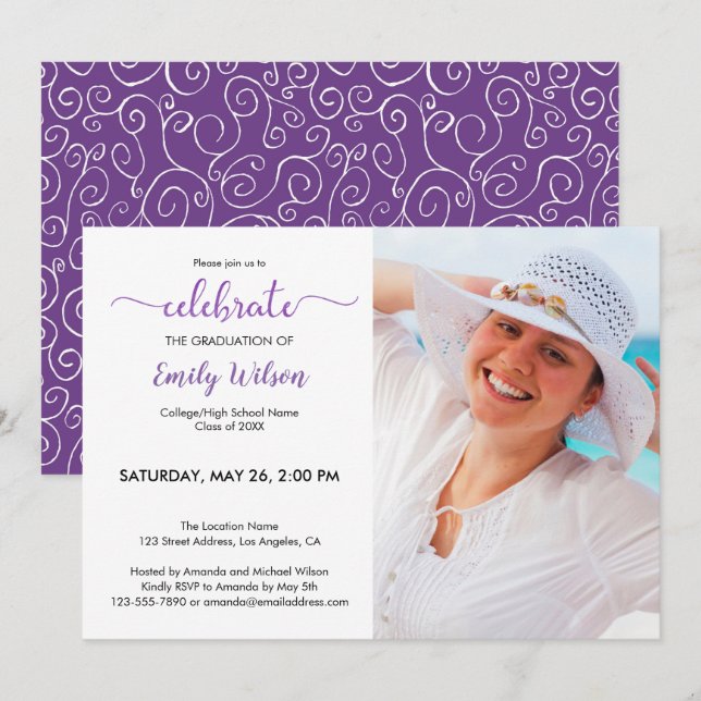 Graduate Photo Violet Pattern Graduation Party Invitation (Front/Back)
