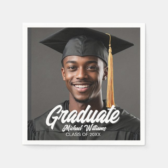 Graduate Photo w Bold Script Graduation Party Napkins (Front)