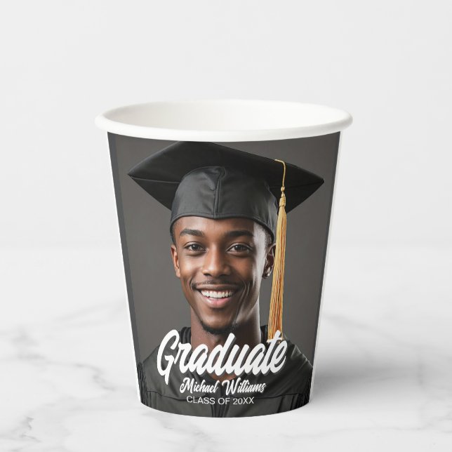 Graduate Photo w Bold Script Graduation Party Paper Cups (Front)