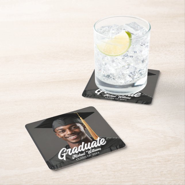 Graduate Photo w Bold Script Graduation Party Square Paper Coaster (Insitu)