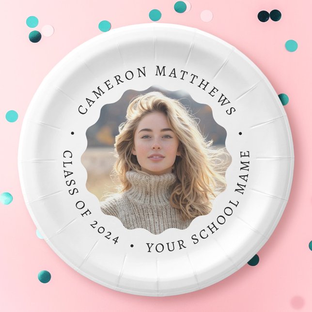 Graduate photo white wavy border graduation paper plates (Graduate photo white wavy border graduation paper plates)