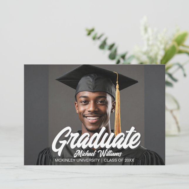 Graduate Photo with Bold Script Graduation Announcement (Standing Front)