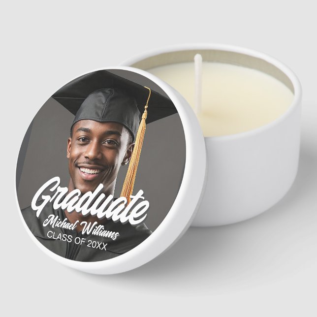 Graduate Photo with Bold Script Graduation Party Mini Candle Favors (Corner)