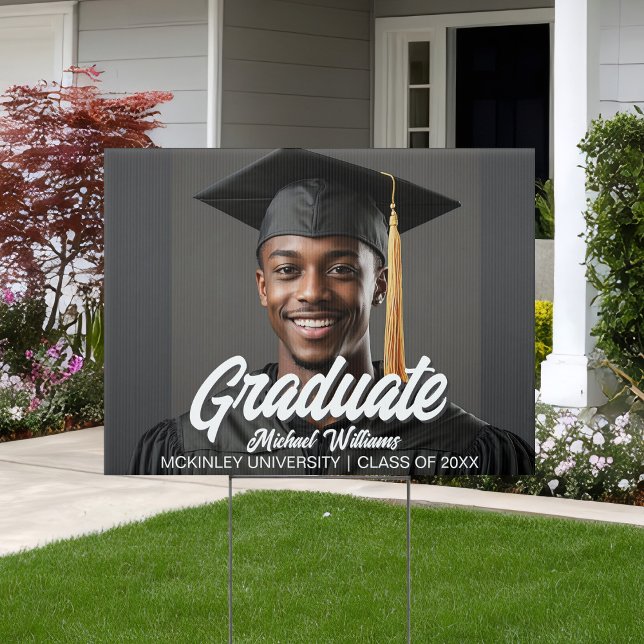 Graduate Photo with Bold Script Graduation Yard Sign (Creator Uploaded)
