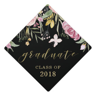 Graduate Pink and Gold Floral on Black Graduation Cap Topper