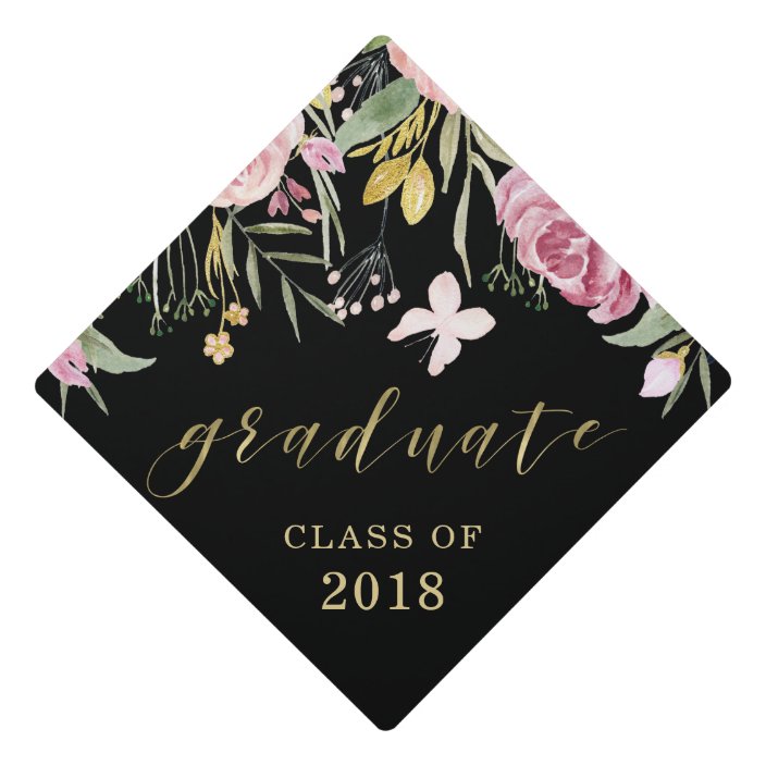 Graduate | Pink and Gold Floral on Black Graduation Cap Topper | Zazzle.com