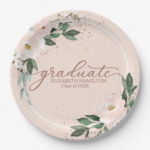 Graduate Pink Blush Floral Graduation Party  Paper Paper Plates