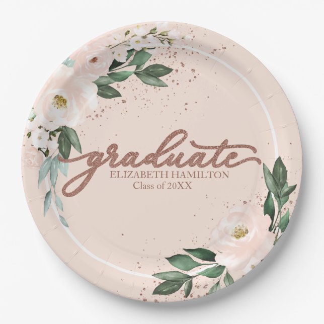 Graduate Pink Blush Floral Graduation Party  Paper Paper Plates (Front)
