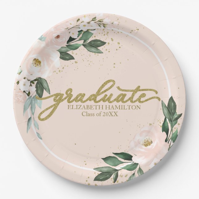 Graduate Pink Blush Floral Graduation Party  Paper Plates (Front)