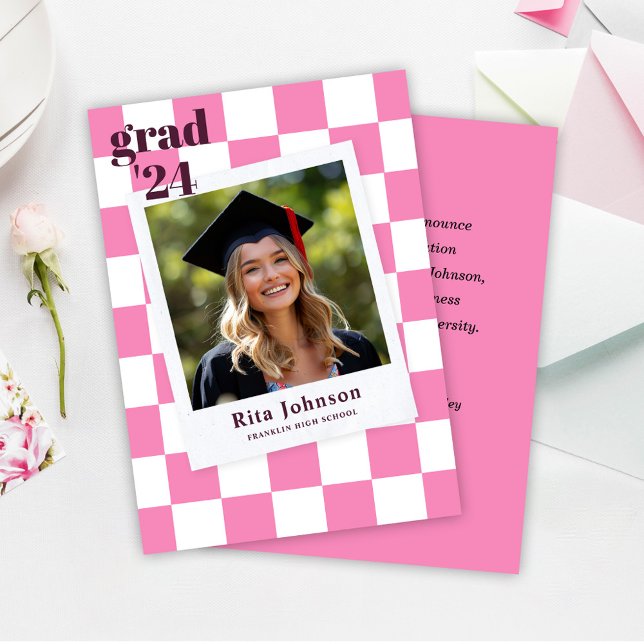 Graduate Pink Checkered Modern Photo Graduation Announcement (Hot Pink Checkered Modern Photo Graduation Announcement)